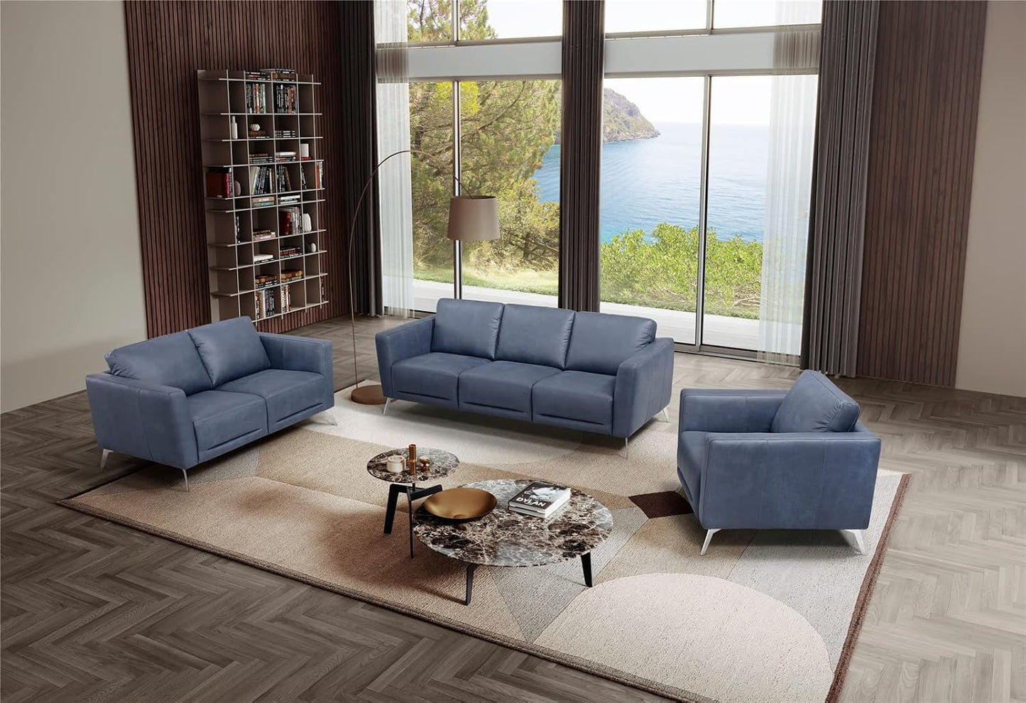 Luxury Modern Blue Leather Upholstered Armchair
