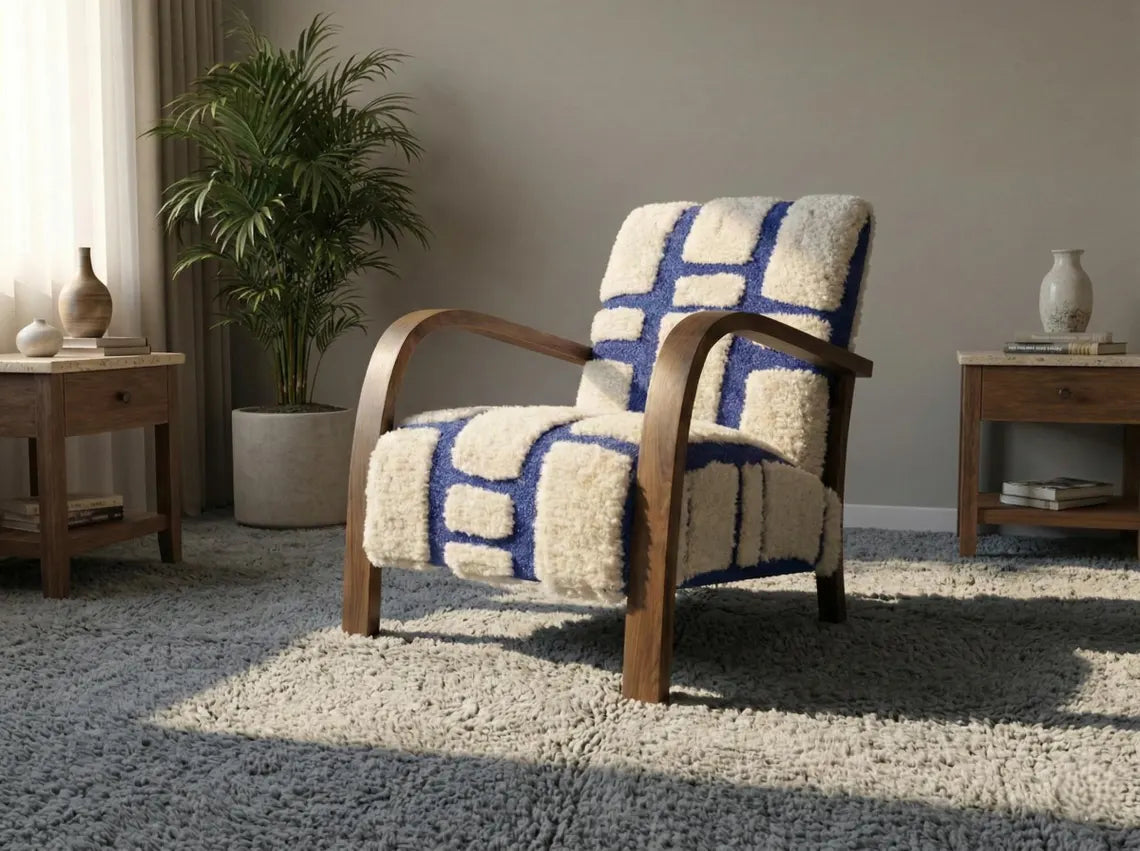 Handcrafted Bouclé Wood Armchair