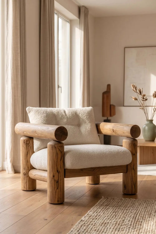 Solid Teak Bouclé Accent Chair