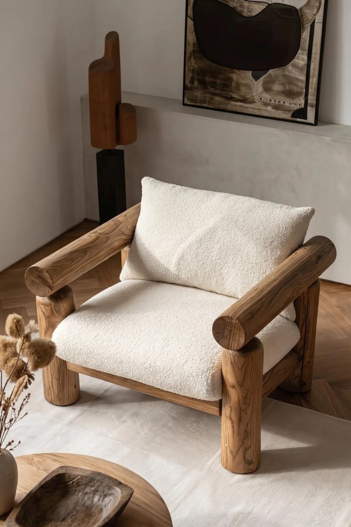Solid Teak Bouclé Accent Chair