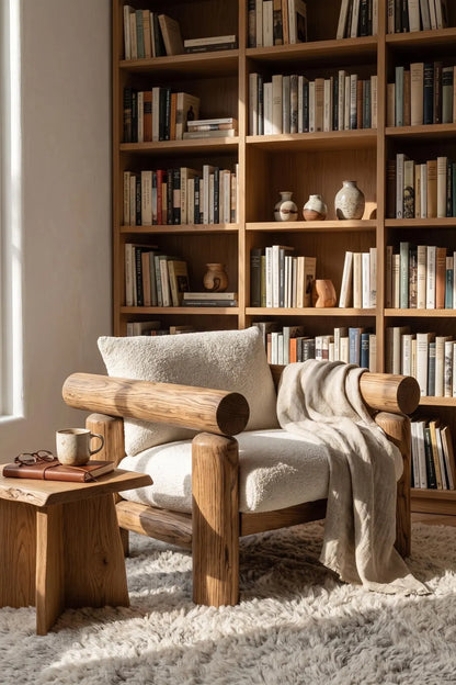 Solid Teak Bouclé Accent Chair