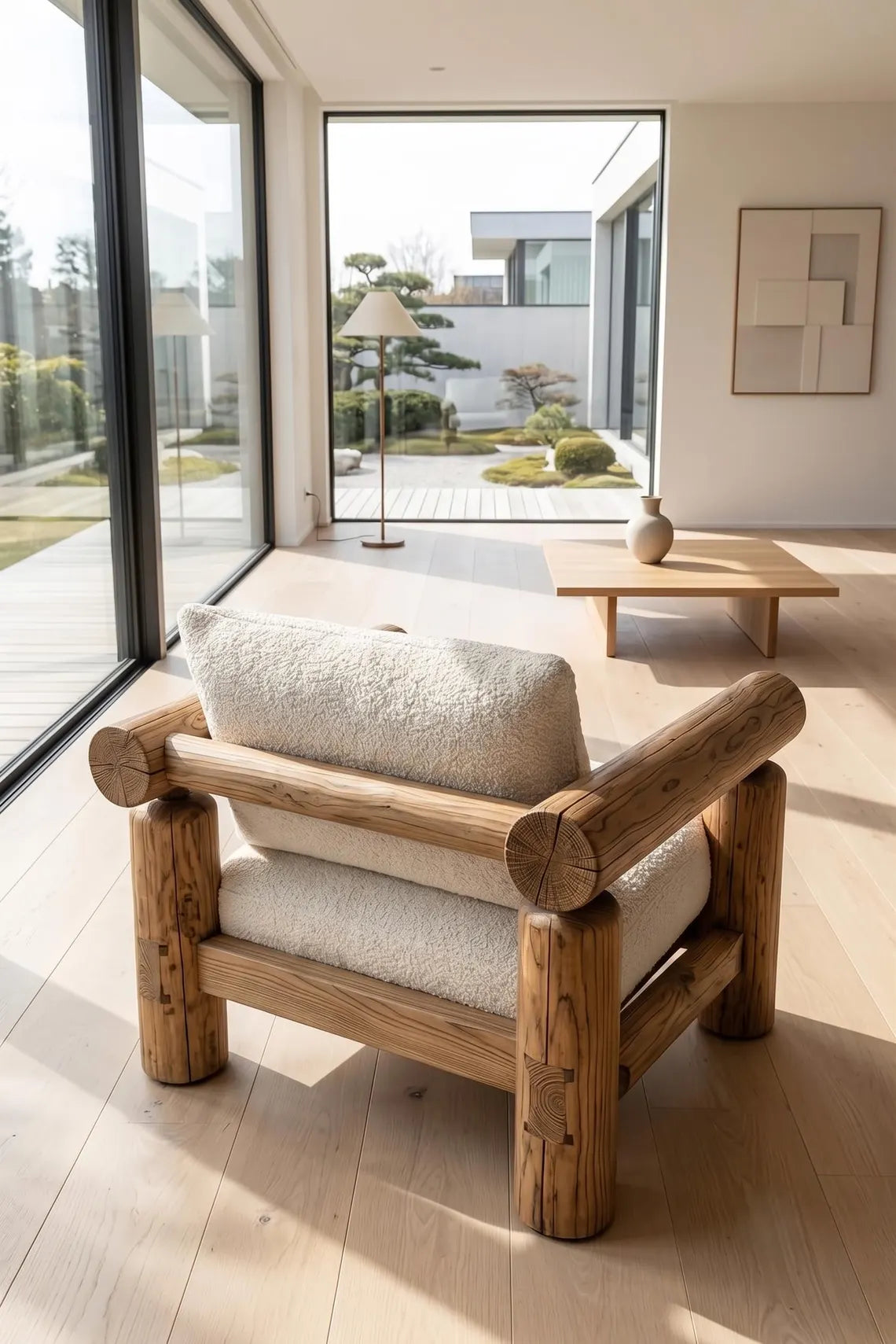 Solid Teak Bouclé Accent Chair