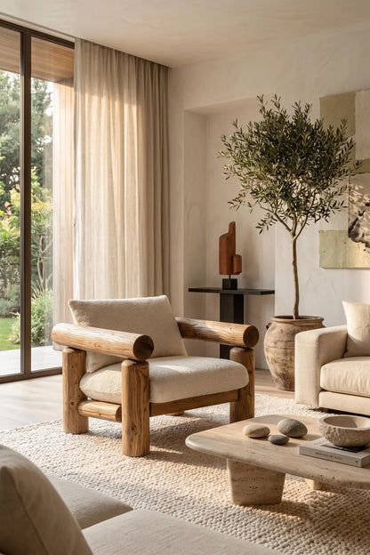 Solid Teak Bouclé Accent Chair