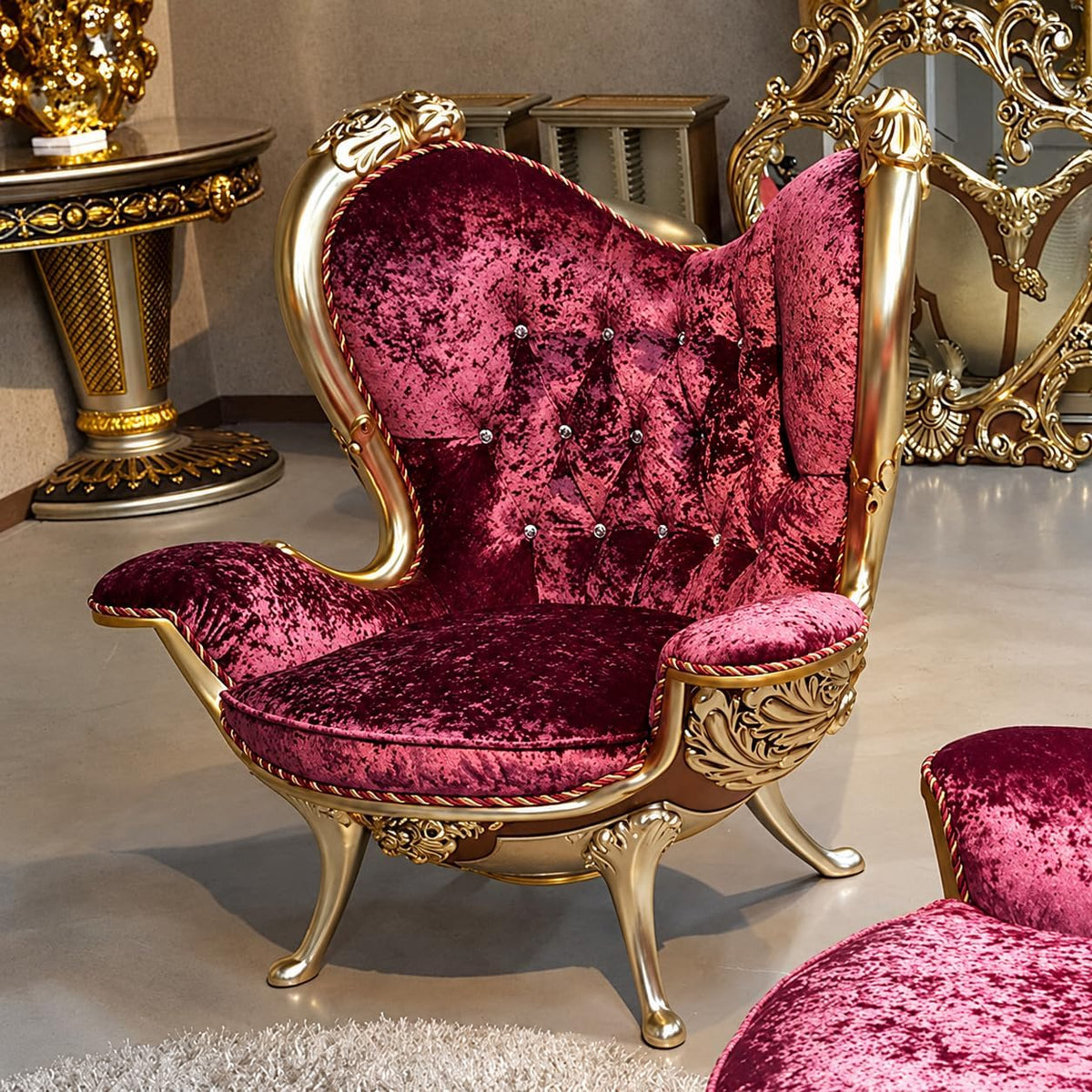 Burgundy Velvet Carved Armchair