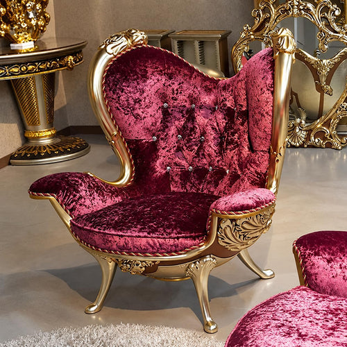 Burgundy Velvet Carved Armchair