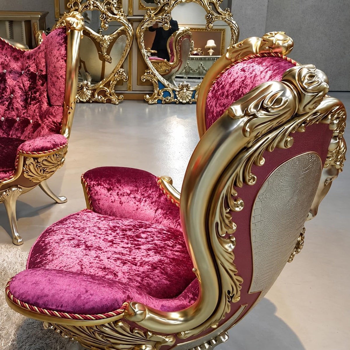 Burgundy Velvet Carved Armchair