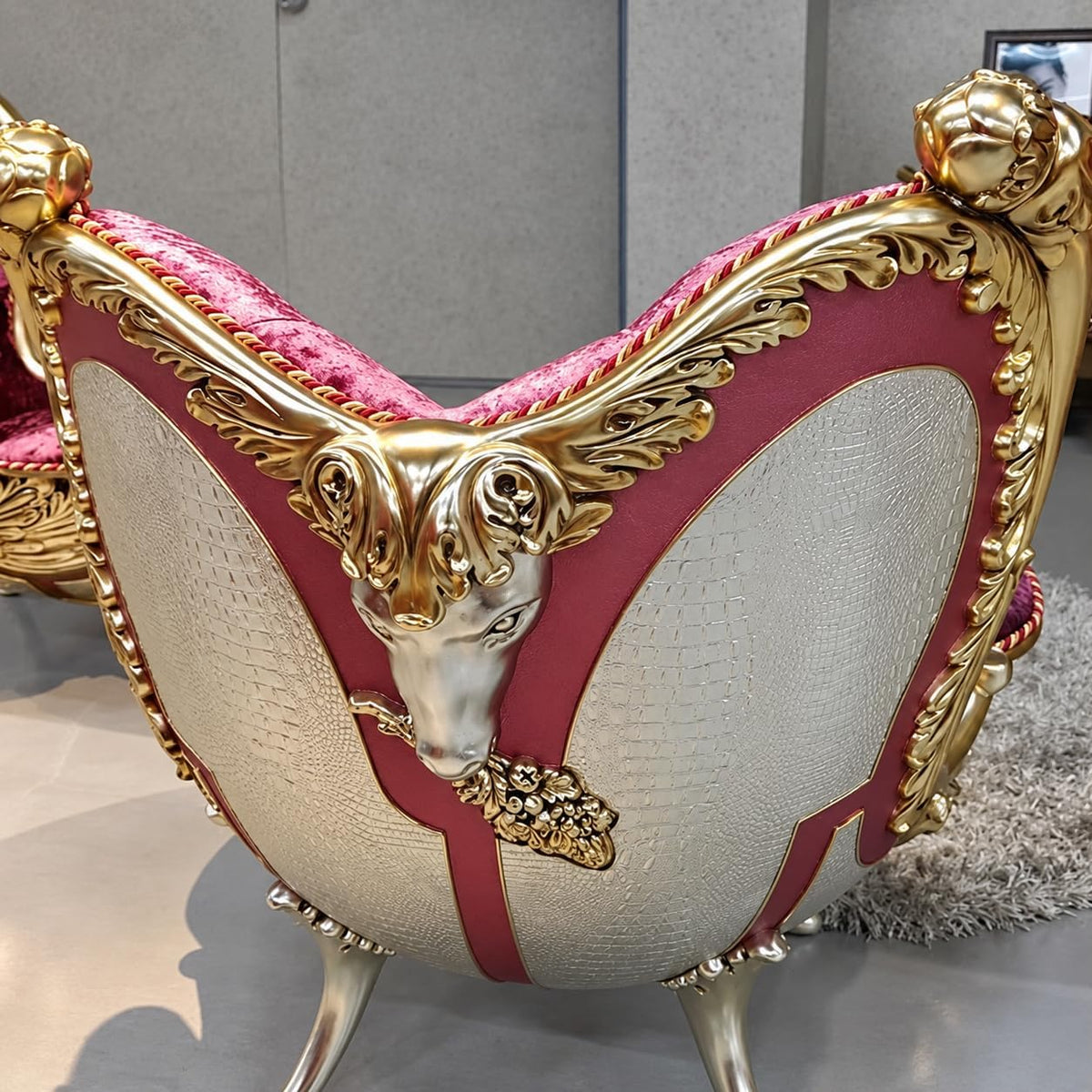Burgundy Velvet Carved Armchair
